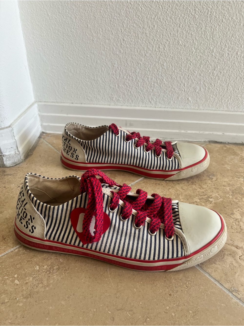Harajuka Lovers Navy & White Striped Sneakers with Red Accents - Picture 2 of 9